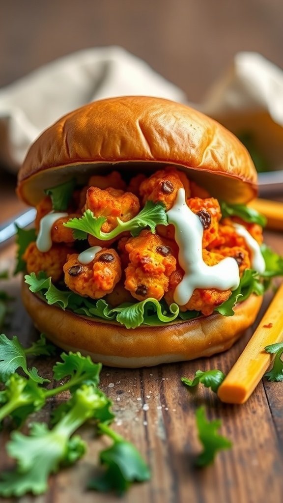 A delicious buffalo cauliflower sandwich with crispy cauliflower, lettuce, and a creamy dressing on a bun.