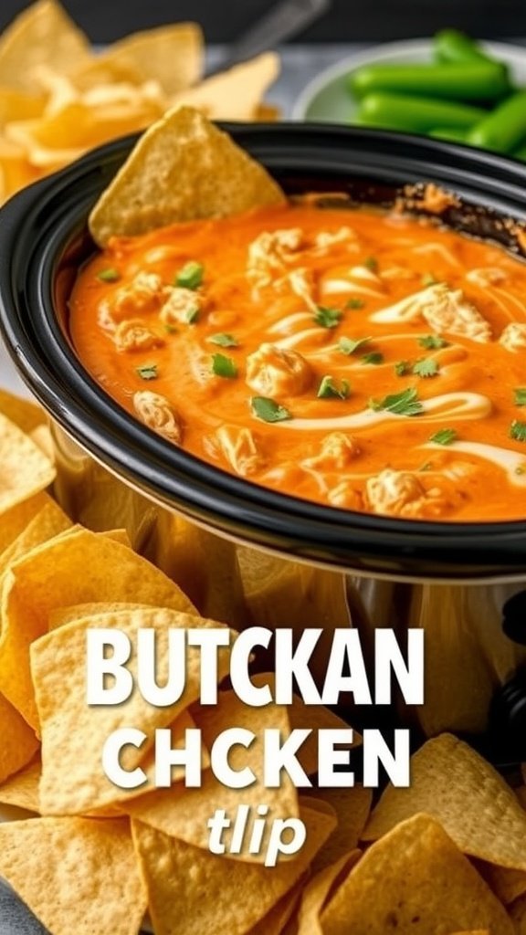 A crock pot filled with creamy Buffalo Chicken Dip, surrounded by tortilla chips and garnished with parsley.