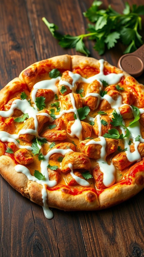 Buffalo chicken ranch pizza topped with ranch dressing and cilantro on a wooden table