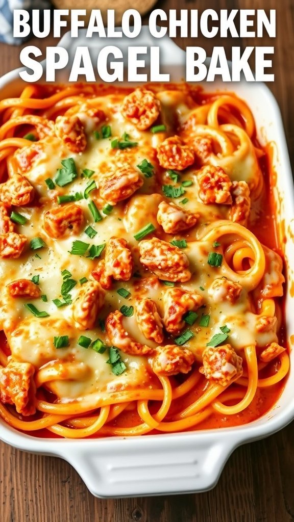A delicious Buffalo Chicken Spaghetti Bake with cheese and chicken pieces topped with green onions.