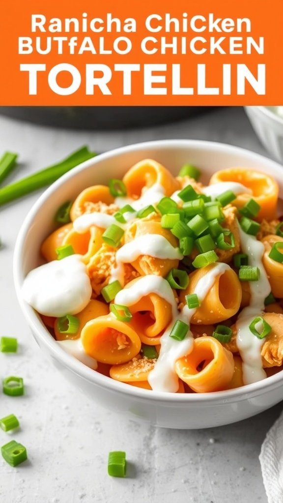 A bowl of Buffalo Chicken Tortellini with ranch dressing and green onions.