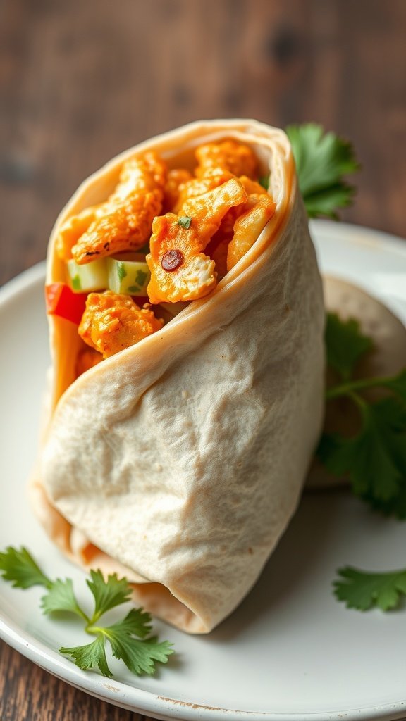 Buffalo chicken wrap with fresh veggies on a plate