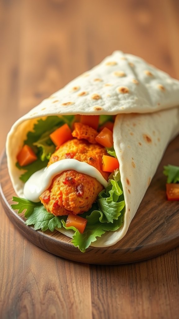 A delicious buffalo chicken wrap with lettuce, tomatoes, and ranch dressing.