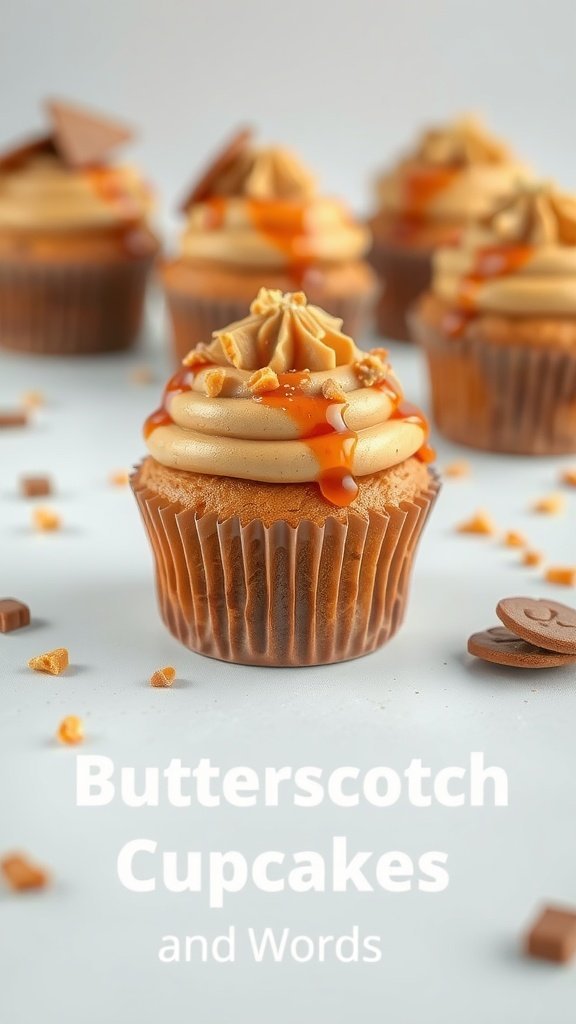A display of butterscotch cupcakes topped with caramel drizzle and butterscotch pieces
