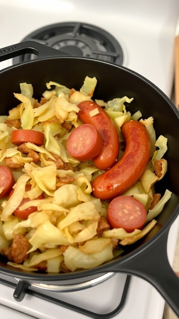 A skillet with sautéed cabbage and sausage, showcasing a hearty side dish.