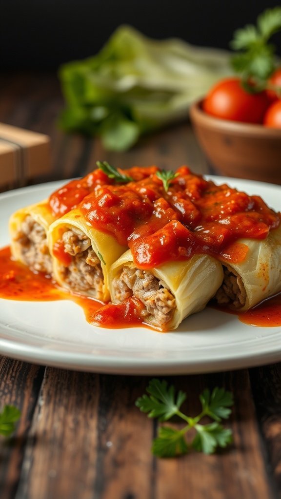 Cabbage rolls topped with tomato sauce on a white plate, garnished with herbs, with fresh tomatoes and lettuce in the background.