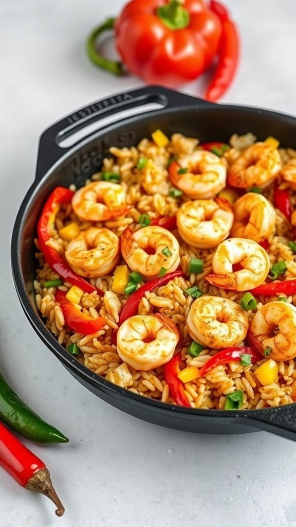 A skillet filled with Cajun shrimp and rice, garnished with colorful bell peppers and green onions.