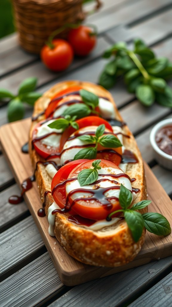 A Caprese baguette topped with tomatoes, mozzarella, basil, and drizzled with balsamic glaze on a wooden serving board.
