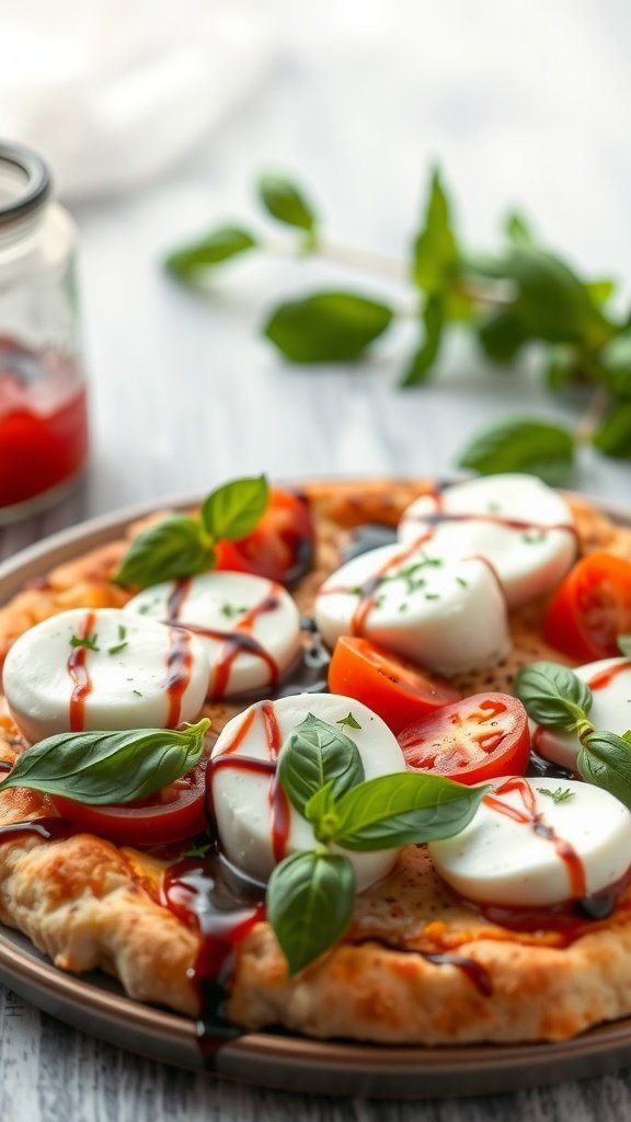 A delicious Caprese pizza topped with mozzarella, tomatoes, basil, and balsamic glaze.