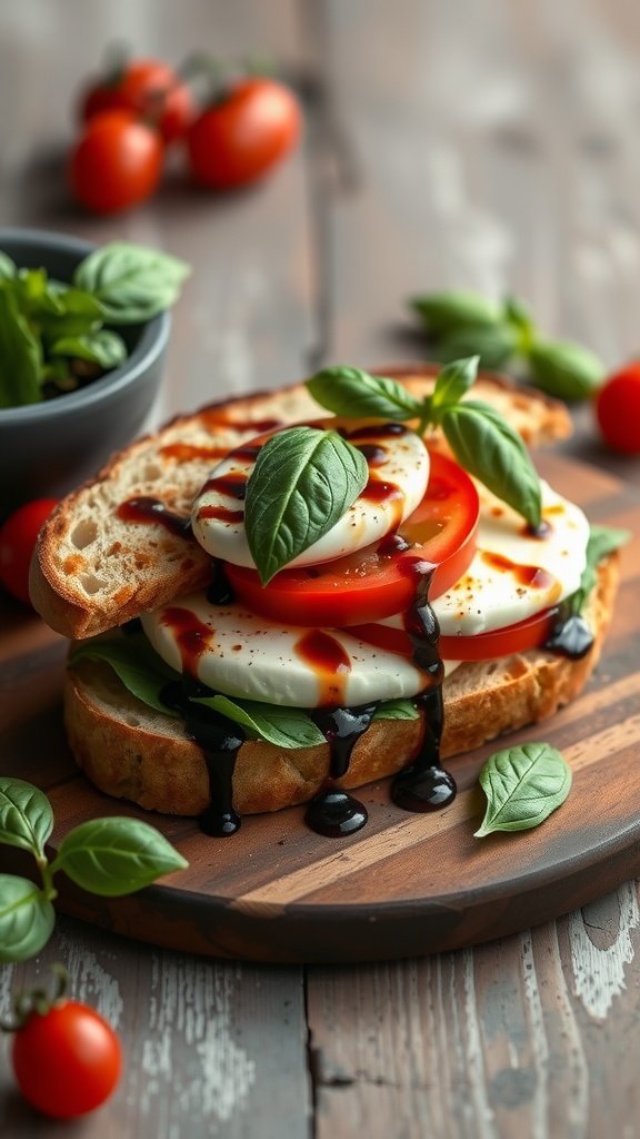 Caprese sandwich with mozzarella, tomatoes, and fresh basil on wooden board