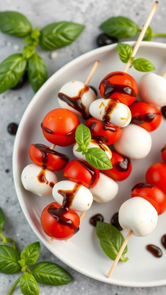 A plate of Caprese skewers with cherry tomatoes, mozzarella balls, and basil drizzled with balsamic glaze