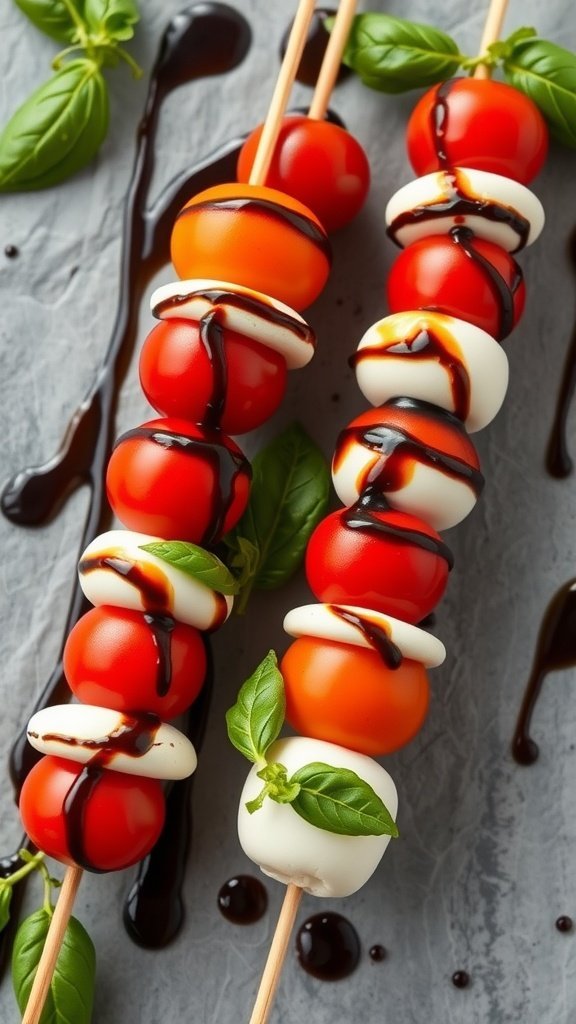 Caprese skewers with cherry tomatoes, mozzarella, basil, and balsamic glaze on a grey background.