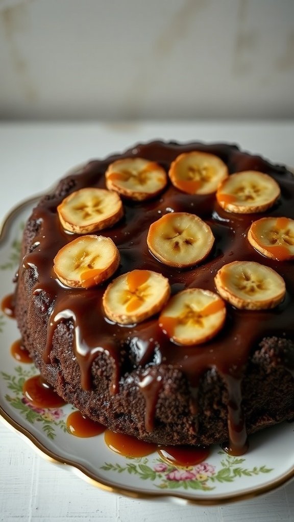 A delicious caramelized banana chocolate upside-down cake topped with sliced bananas and drizzled with chocolate sauce.
