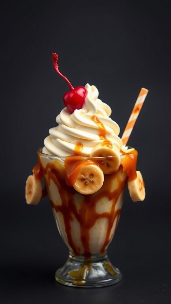A delicious Caramelized Banana White Chocolate Sundae topped with whipped cream and a cherry.