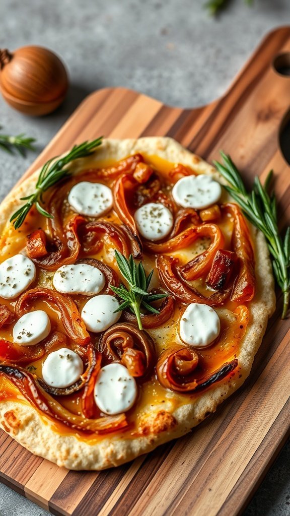 A close-up of a pizza topped with caramelized onions, goat cheese, and fresh herbs on a wooden cutting board.