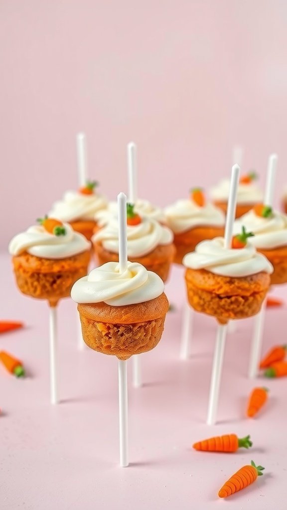 A close-up of carrot cake pops with creamy icing and tiny carrot decorations on a pink background.