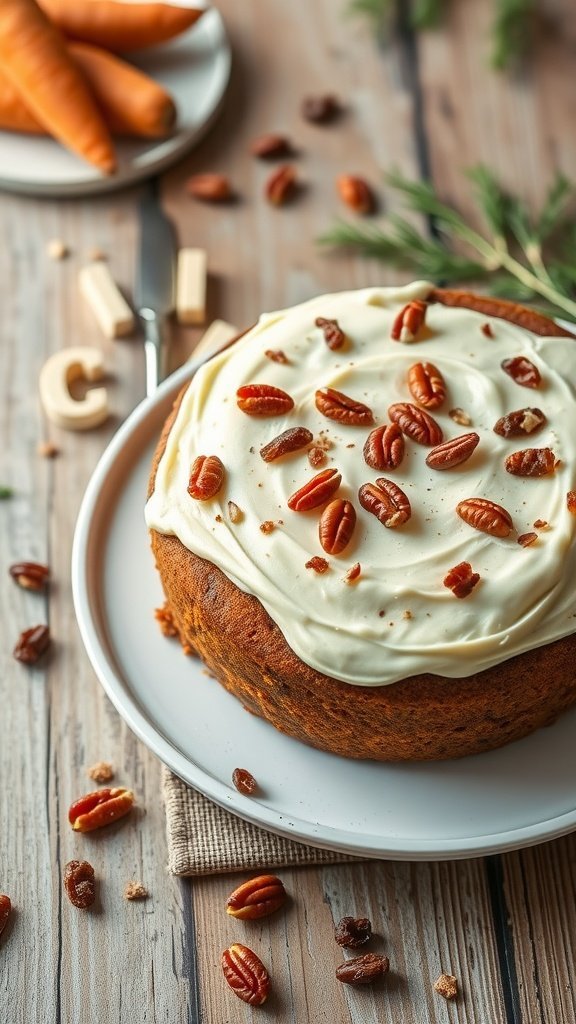 A delicious carrot cake topped with cream cheese frosting and pecans, with fresh carrots in the background.