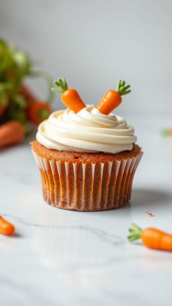 A carrot cupcake with cream cheese icing and decorative carrots on top, set against a light background with additional carrot decorations.