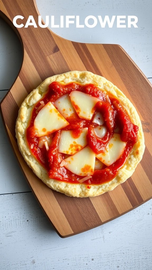 A cauliflower pizza crust topped with tomato sauce and cheese on a wooden pizza board.