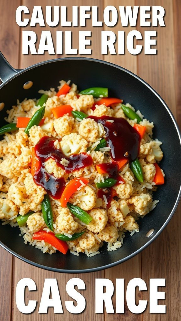 A pan of cauliflower rice stir-fry with colorful vegetables and sauce