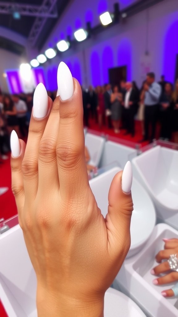 Collage of celebrity hands showcasing various styles of white nail polish.