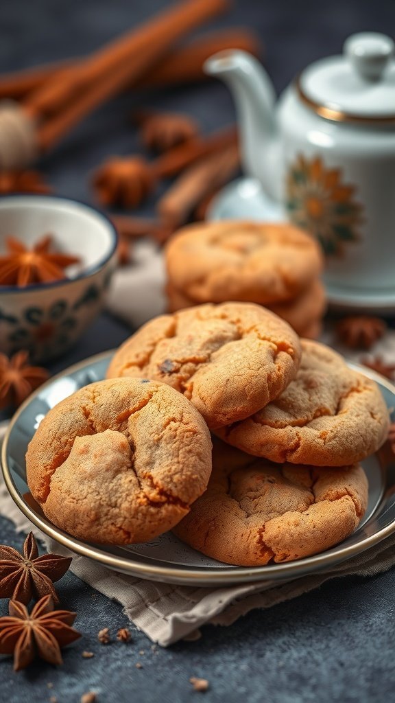 A plate of chai-spiced cookies with a teapot and spices in the background.