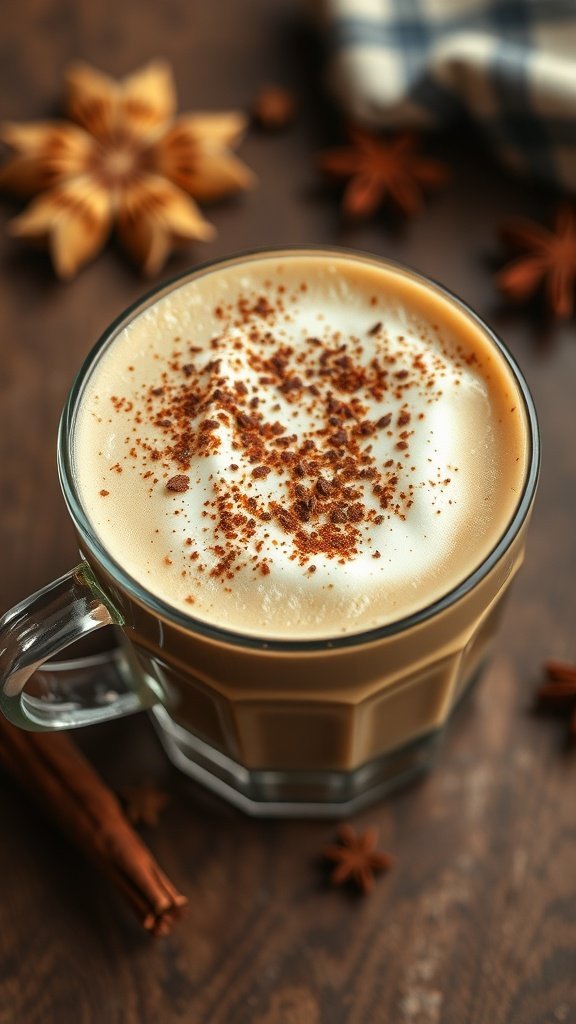 Chai Tea Latte topped with spices, surrounded by star anise and cinnamon sticks
