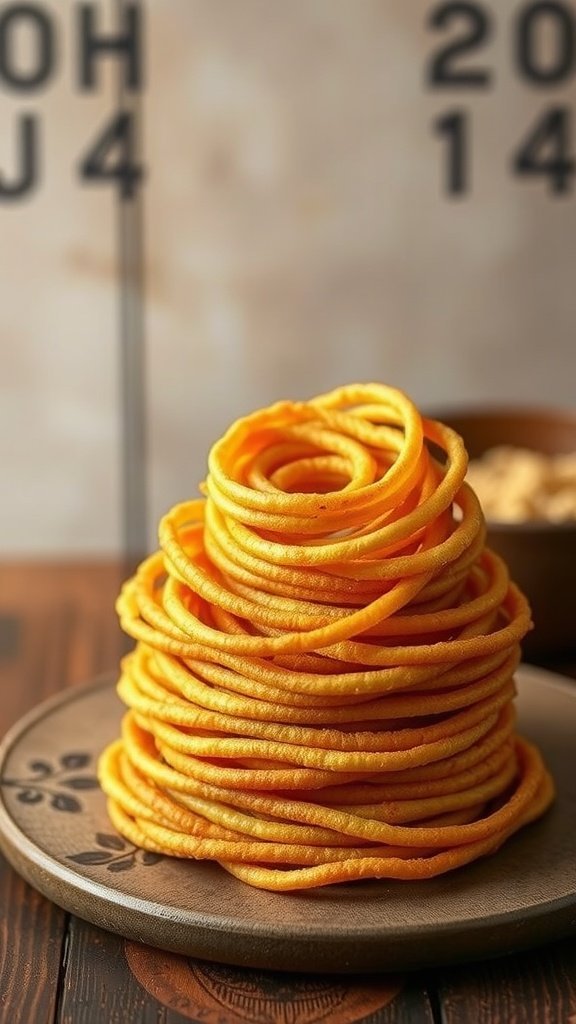 A stack of golden yellow chakli spirals on a wooden plate, showcasing their crunchy texture.