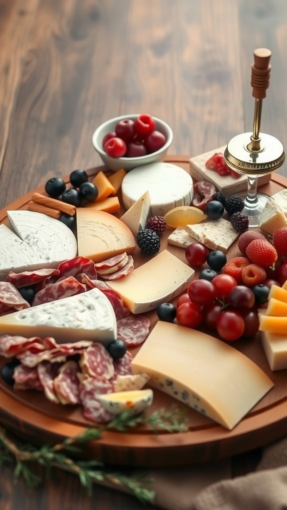 A beautifully arranged cheese and charcuterie board featuring various cheeses, meats, and fresh fruits on a wooden platter.