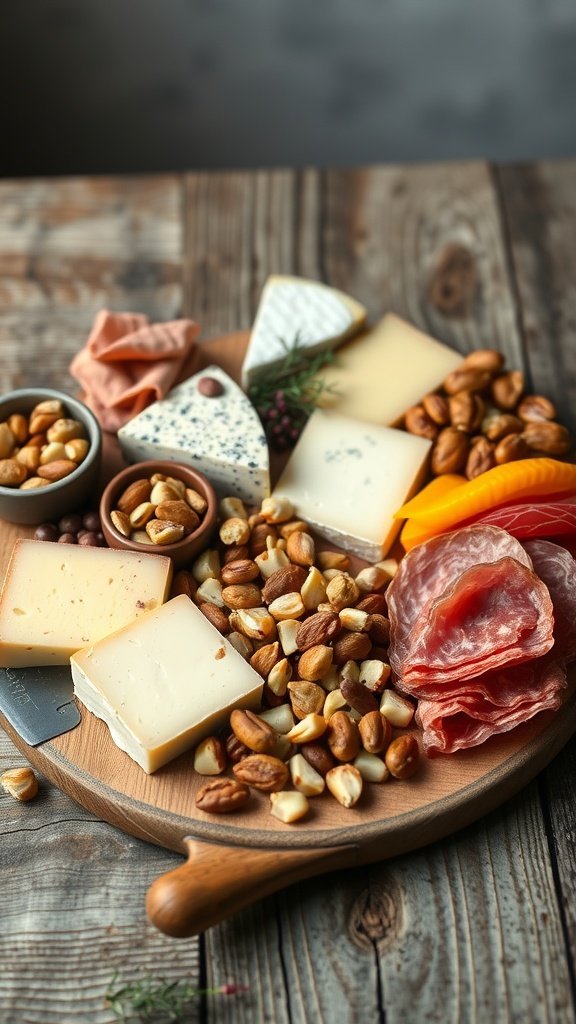 A beautifully arranged cheese and charcuterie board featuring various cheeses, cured meats, nuts, and herbs on a wooden platter.