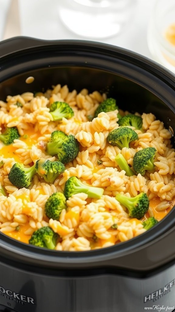 A close-up view of cheesy broccoli and rice casserole in a crock pot.