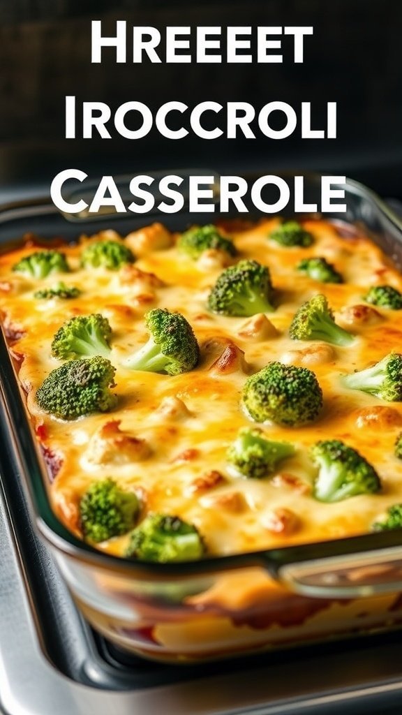 A delicious cheesy broccoli casserole with golden cheese and fresh broccoli on top