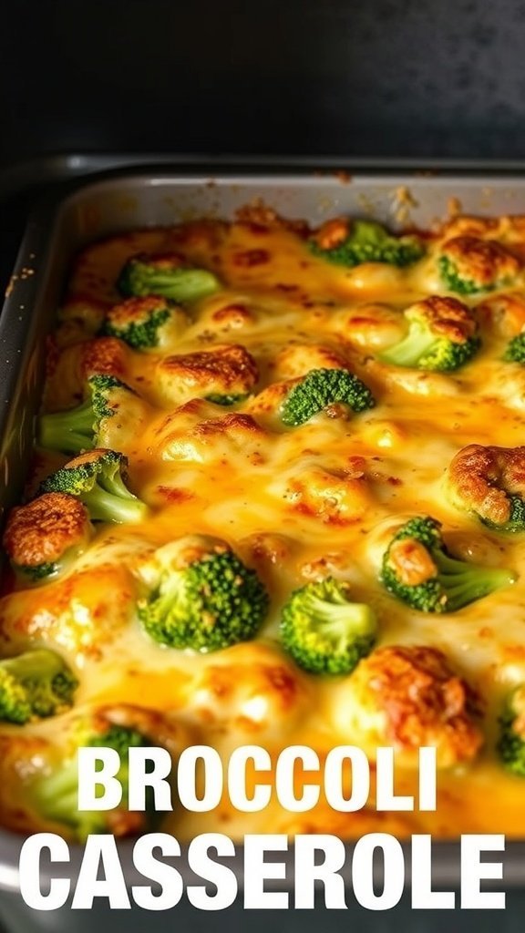 A delicious cheesy broccoli casserole fresh out of the oven, featuring vibrant green broccoli and a golden cheese topping.