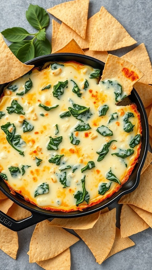 A delicious cheesy spinach artichoke dip surrounded by tortilla chips.