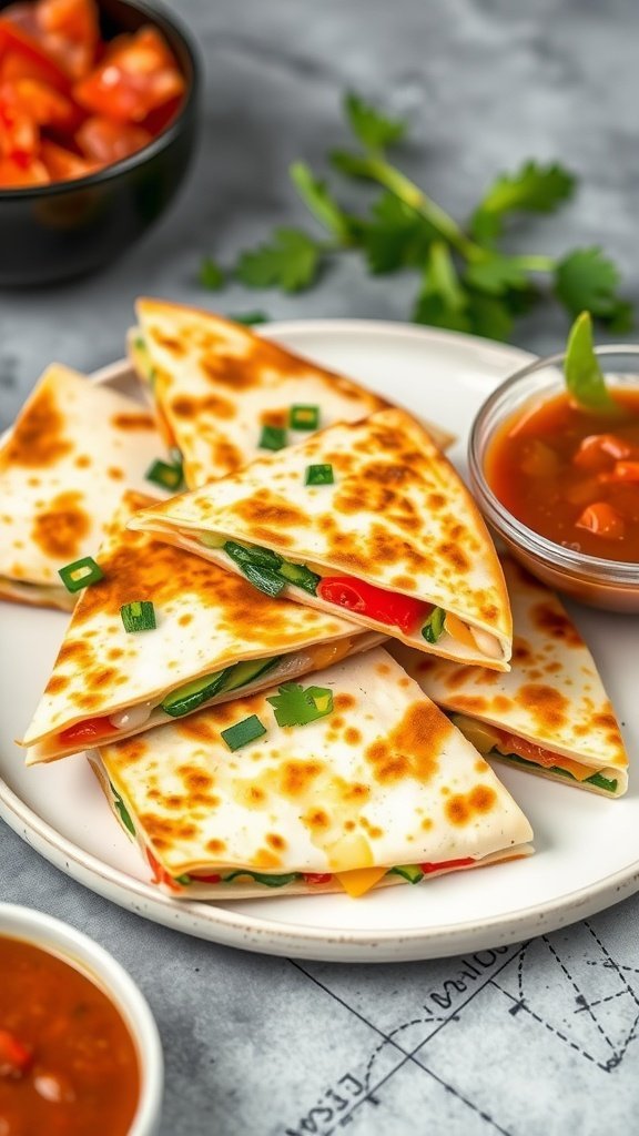 A plate of cheesy vegetable quesadillas with salsa and fresh herbs