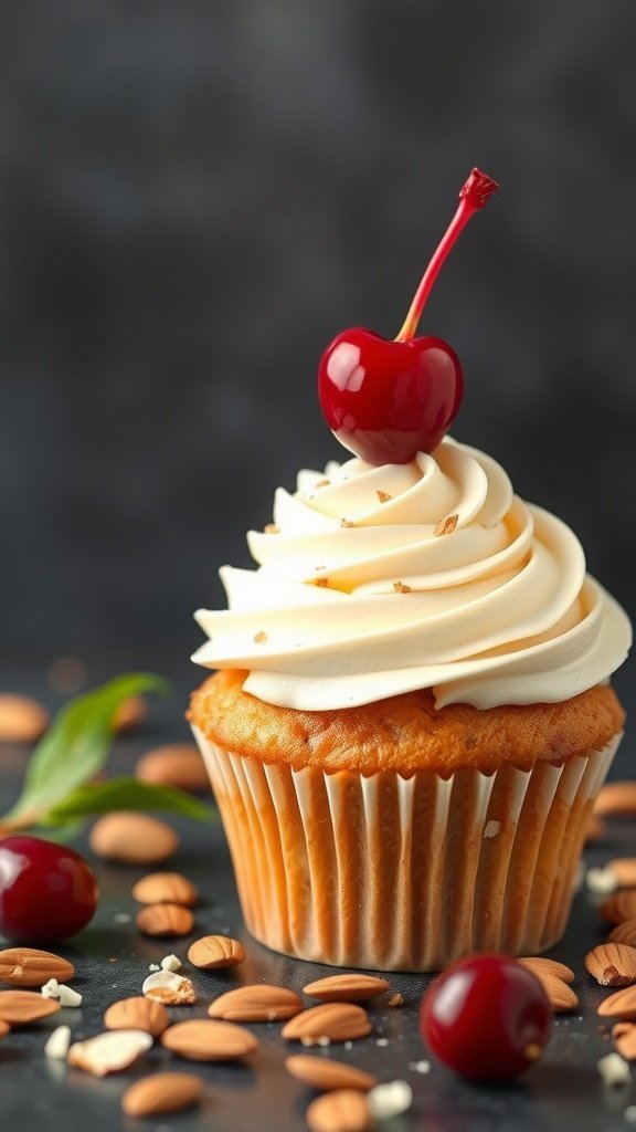 A Cherry Almond Cupcake topped with creamy frosting and a cherry on top, surrounded by almonds and cherries.