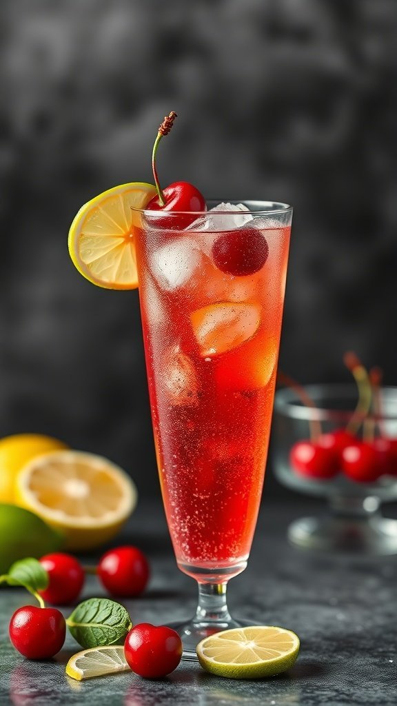 A refreshing Cherry Limeade Fizz cocktail served in a tall glass with ice, garnished with cherries and lemon slices.