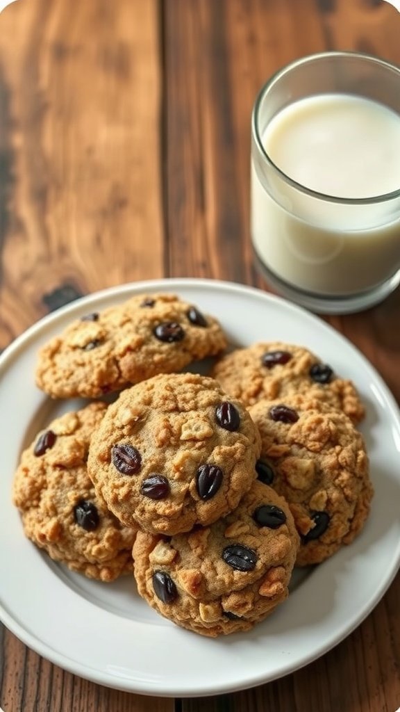 Chewy oatmeal raisin cookies on a plate with a glass of milk