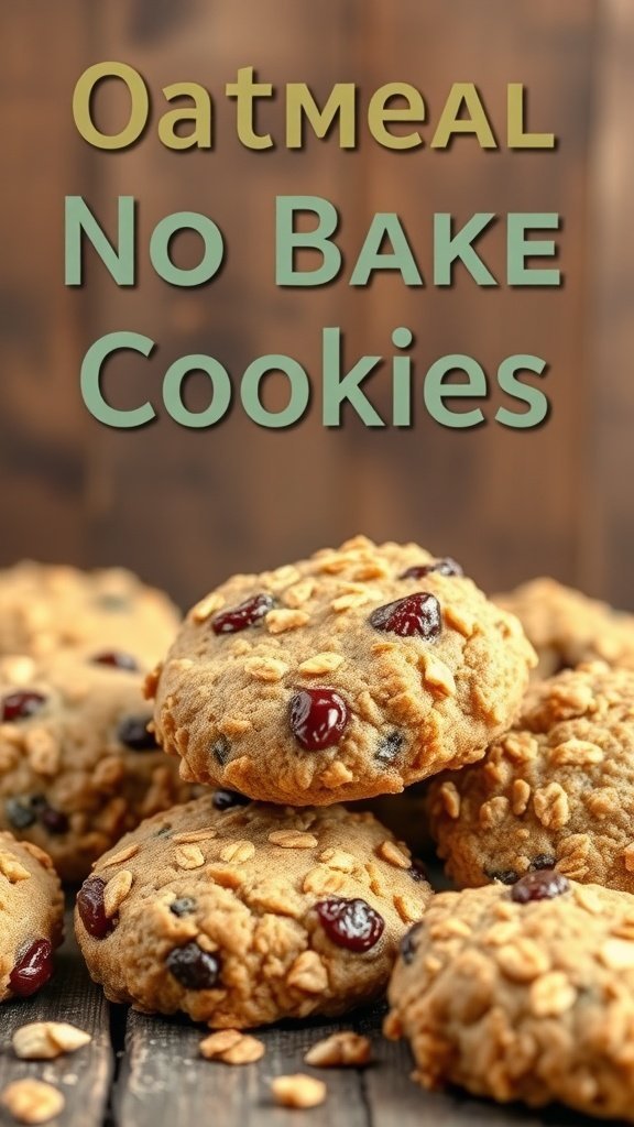 A close-up of chewy oatmeal raisin no bake cookies stacked on a wooden surface.