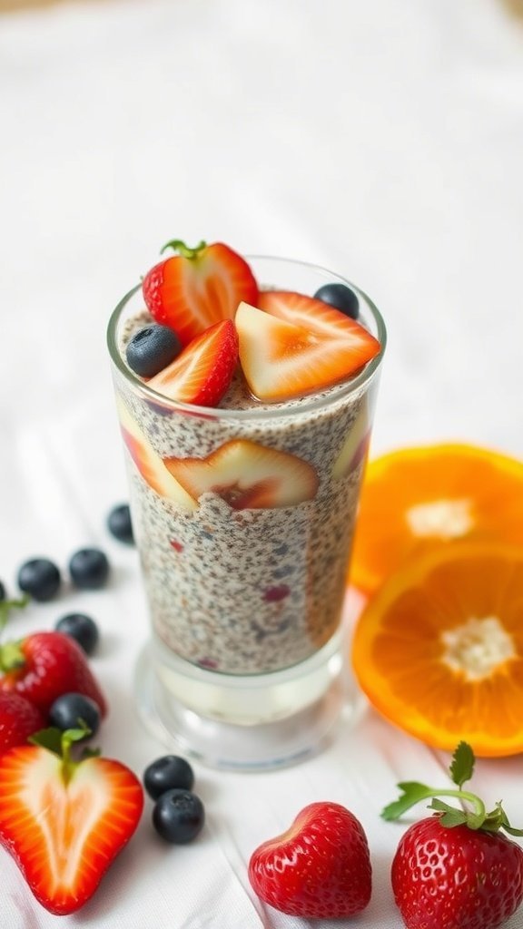 Chia seed pudding topped with strawberries, blueberries, and orange slices.