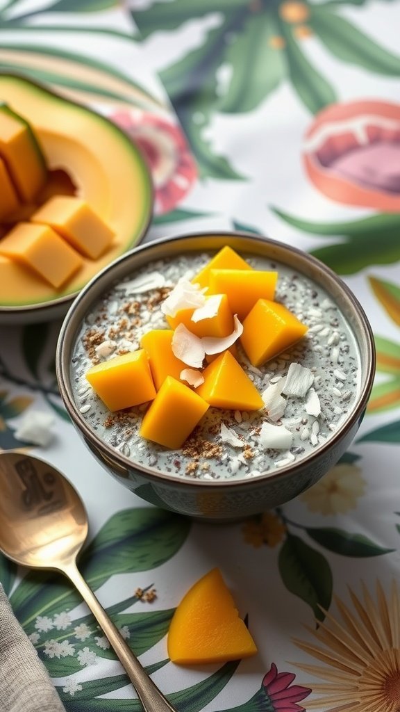 A bowl of chia seed pudding topped with mango and coconut on a colorful background.