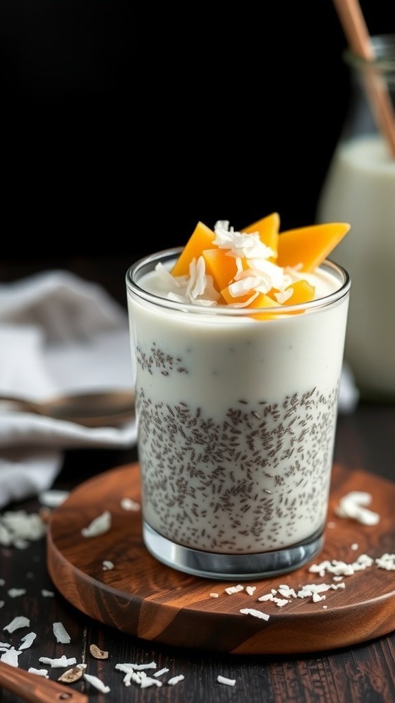 A glass of chia seed pudding topped with mango and coconut flakes on a wooden plate.