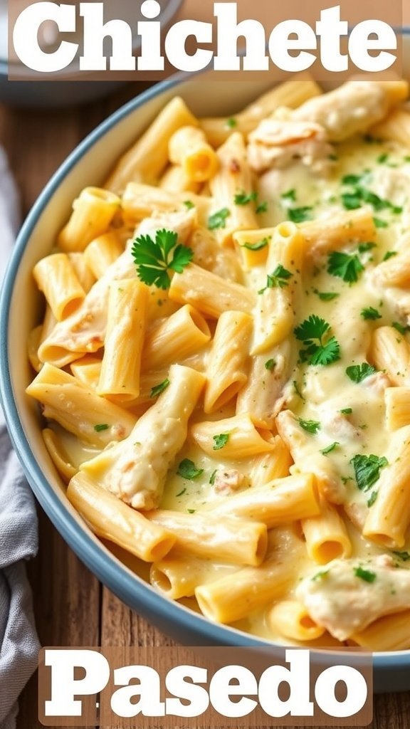 A creamy Chicken Alfredo Pasta Bake with rigatoni and cilantro on top.
