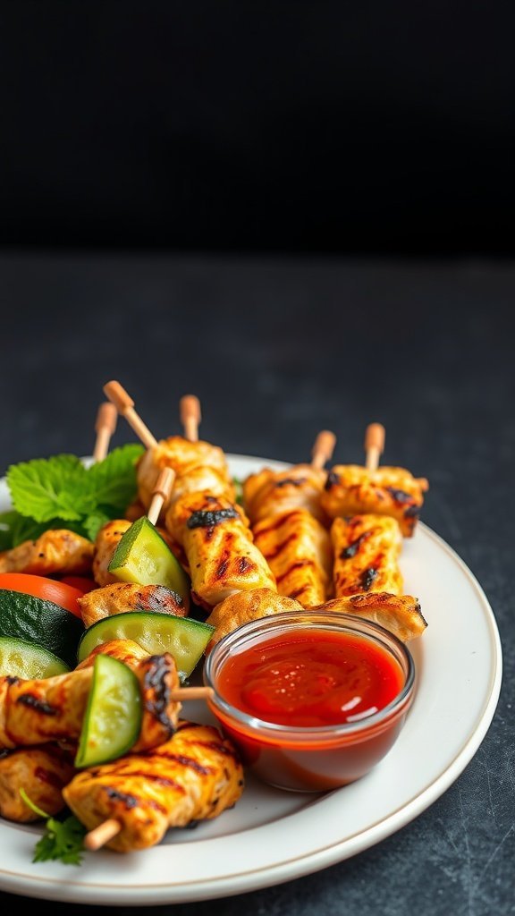 Delicious chicken and vegetable skewers served with dipping sauce