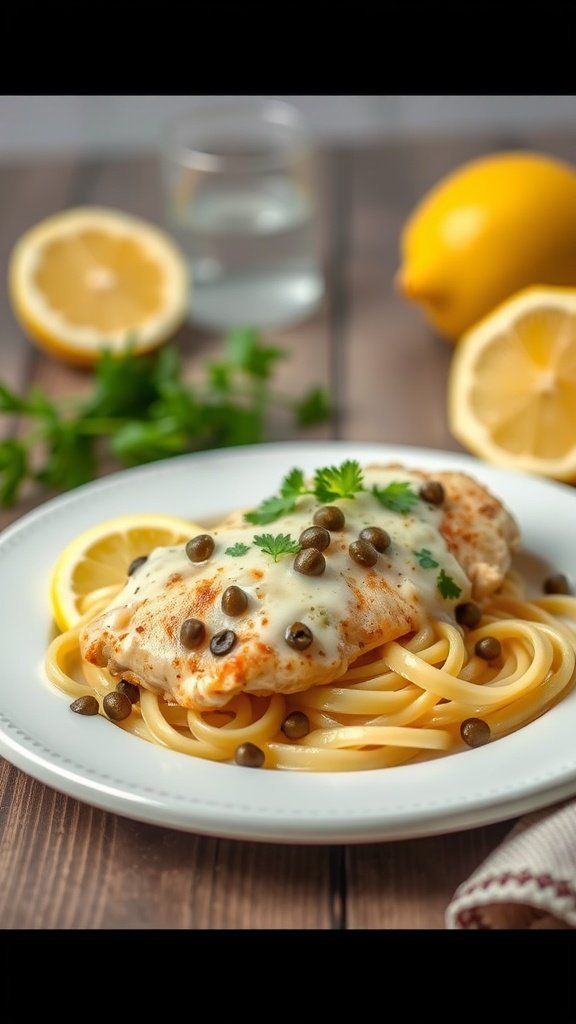 Plate of chicken piccata with capers served over pasta, garnished with lemon slices and parsley.