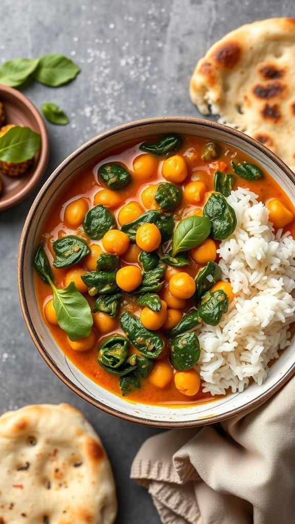A bowl of chickpea and spinach curry with rice, garnished with fresh spinach leaves and accompanied by naan bread.