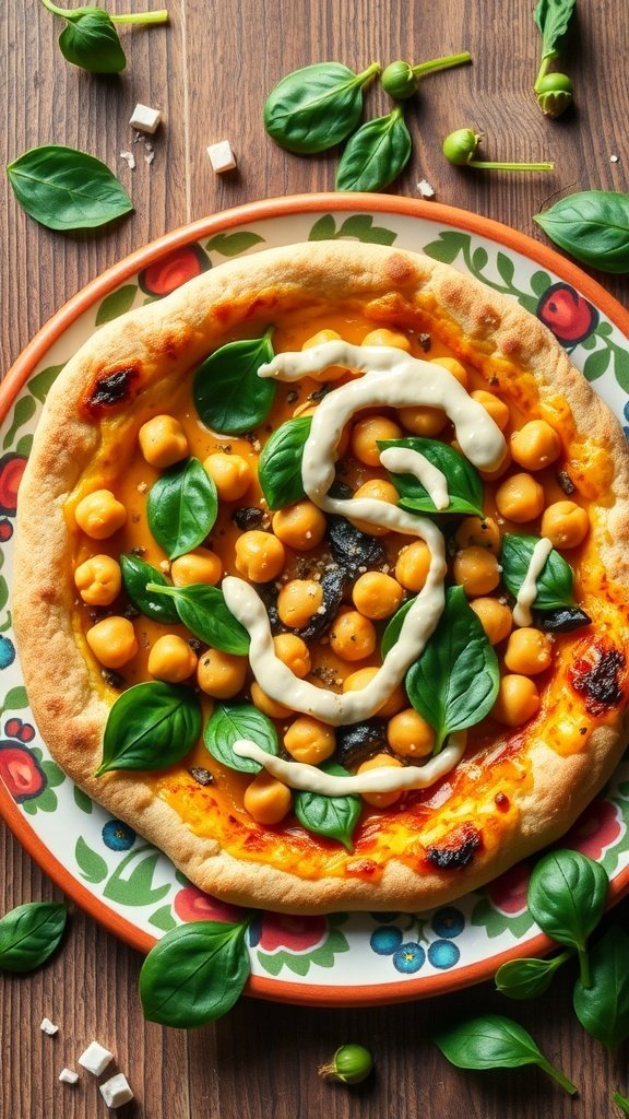 A pizza topped with chickpeas, fresh spinach, and a drizzle of white sauce, served on a decorative plate.