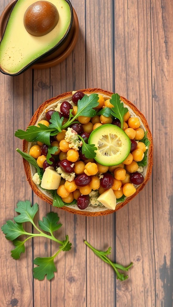 A colorful chickpea salad sandwich with chickpeas, kidney beans, cucumber, parsley, and lemon in a crusty bread bowl.