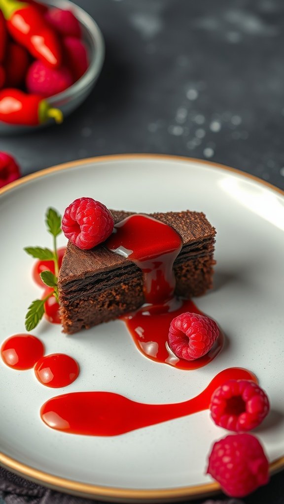 A slice of chili chocolate cake drizzled with raspberry sauce, garnished with fresh raspberries and mint.