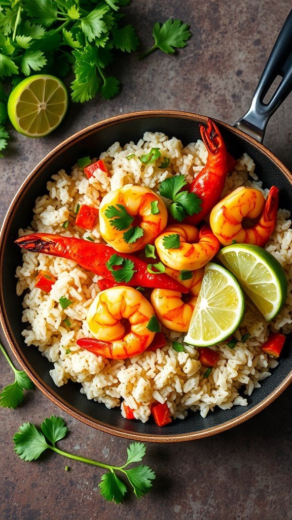 Chili lime shrimp served on a bed of cilantro rice with lime wedges and fresh cilantro.
